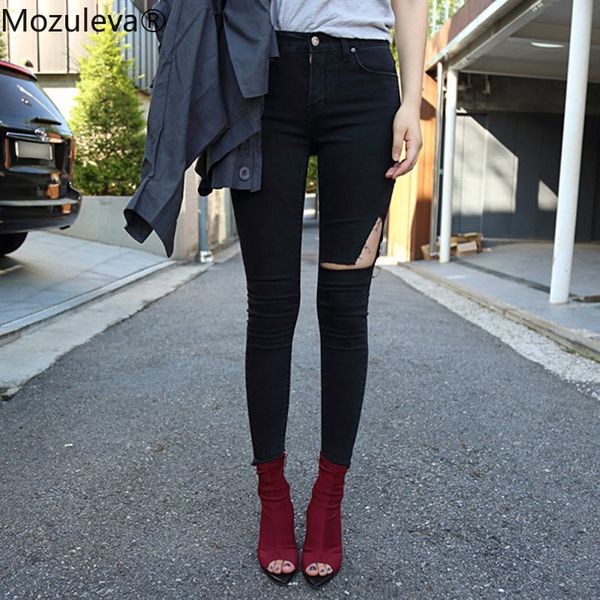 

mozuleva streetwear irregular holes jeans female casual stretch pencil pants destroyed ripped denim jean women trousers, Blue