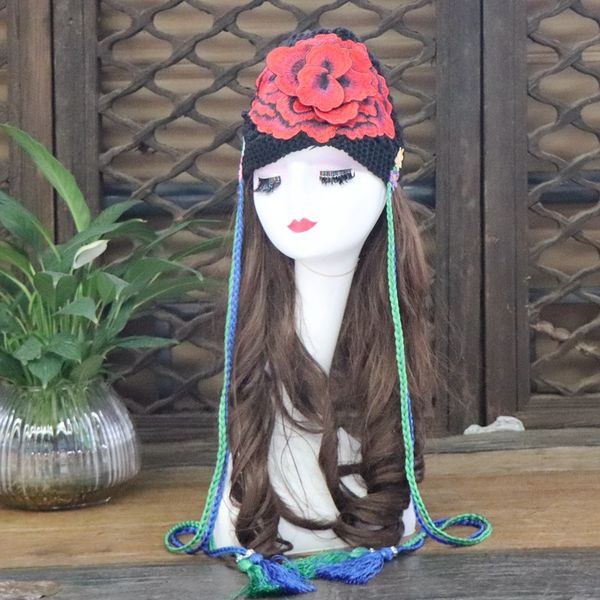 

national style knitted caps flowers embroidery handmade braided tassels ladies autumn winter warm colorful ear protection caps, Blue;gray