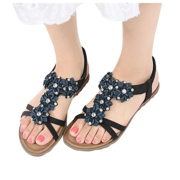 

womens ladies fashion crystal floral open toe beach sandals low heels shoes ladies shoes woman sandals women zapatos de mujer, Black