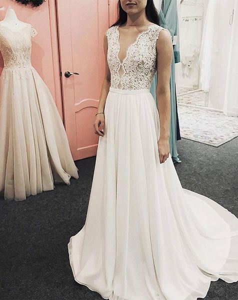 

plus size beach bohemian a line wedding dresses v neck chiffon lace applique v back sweep train wedding dress bridal gowns boho, White
