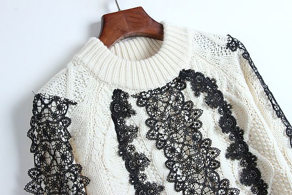 

2019 new women long sleeve sweater knitted fashion loose sweater lace outwear jacket single breasted knitted ladies coat, White;black