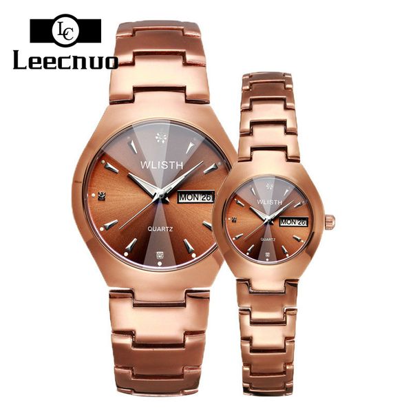 

leecnuo couple fashion watch quartz luminous wrist watch with stainless steel strap couple gift with calendar, Slivery;brown