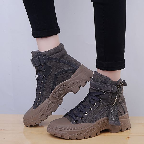 

boots women 2019 casual canvas shoes ladies flats solid ankle boots black motorcycle zip zapatos de mujer