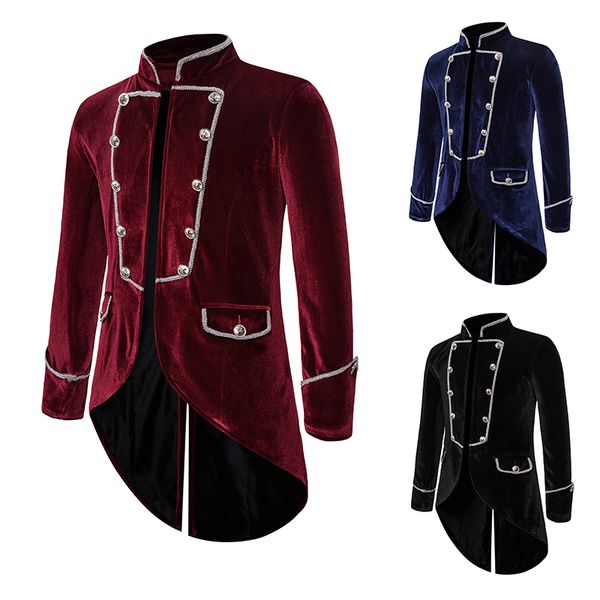 

mens medieval vintage swallowtail long coat men steampunk tailcoat cosplay costume standing collar velvet mens dovetail outwear, Tan;black