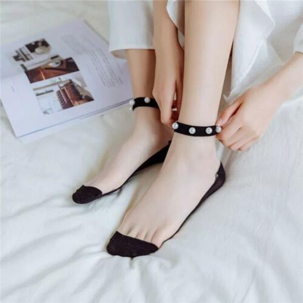 

crystal tulle pearl socks transparent mesh women lady girls ultrathin ankle socks@88, Black;white