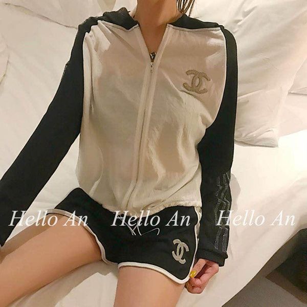 

two piece sun protection set] european ultra thin breathable heavy industry perm color blocking sun protection shirt + women's sports, White