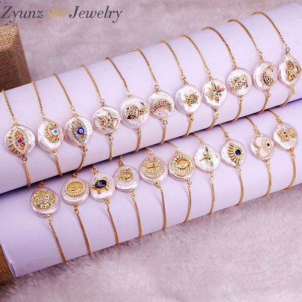 

10pcs, rainbow cz micro pave charm freshwater pearl connector bead link bracelet for women girl, Golden;silver