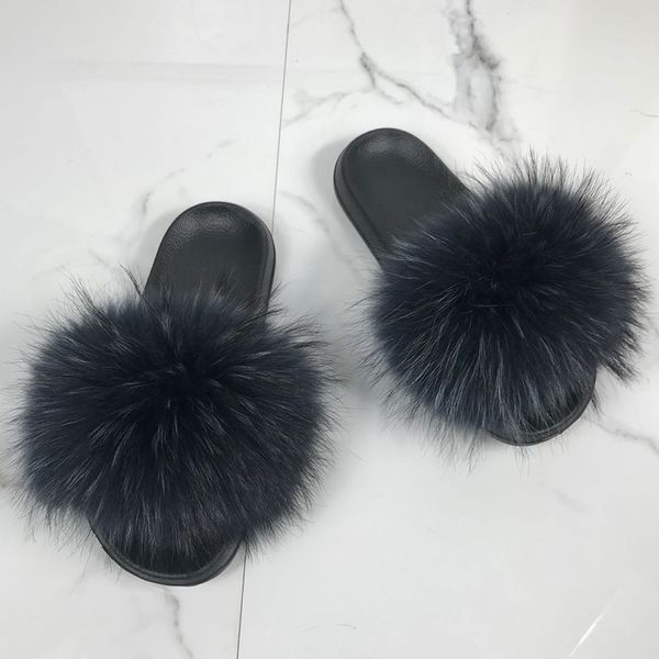 

2020 new summer fur flip flops luxury fur slides realÂ racoonÂ fur slippers women home slippers, Black