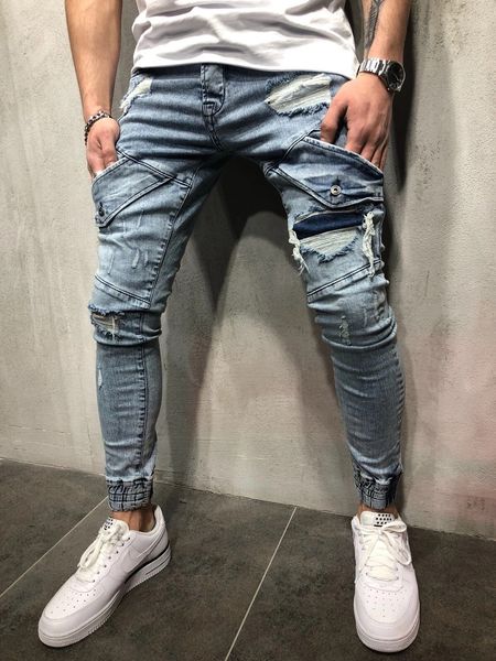 

men's jeans mens washed blue knee hole zipper pocket design hip hop pants pencil for male
