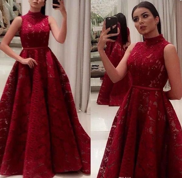 

saudi arabic dubai burgundy 2020 evening gowns high neck a line lace prom dresses with belt women pageant red carpet gowns