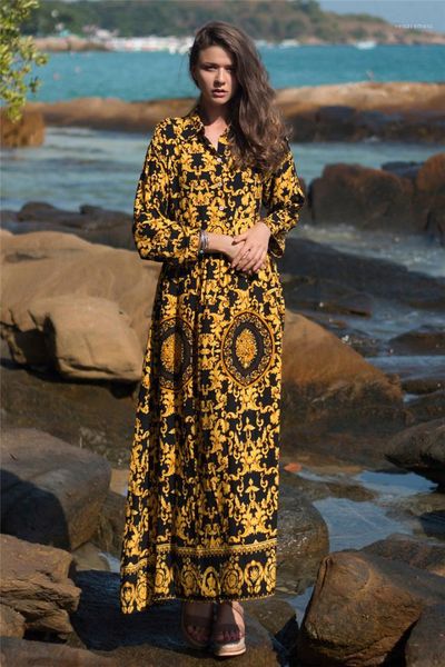 

womens vacation beach dresses vintage womens bohemian dresses fashion designer floral printed lapel neck long dress, Black;gray