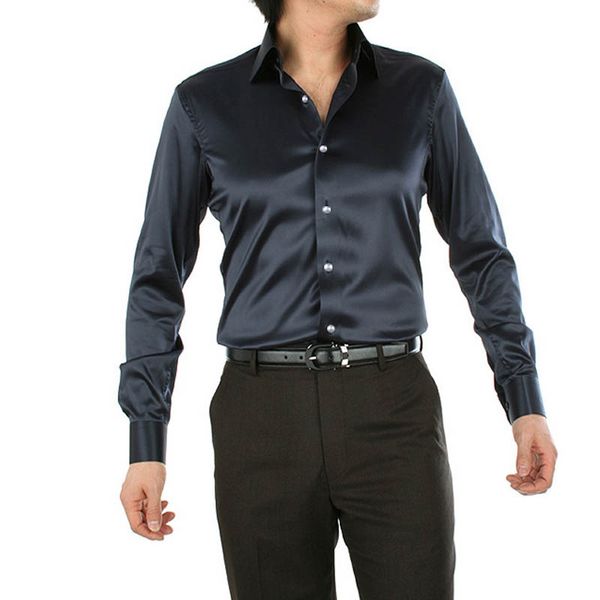 

men's casual shirts mens shirt long-sleeved satin silk pure color dark blue, White;black