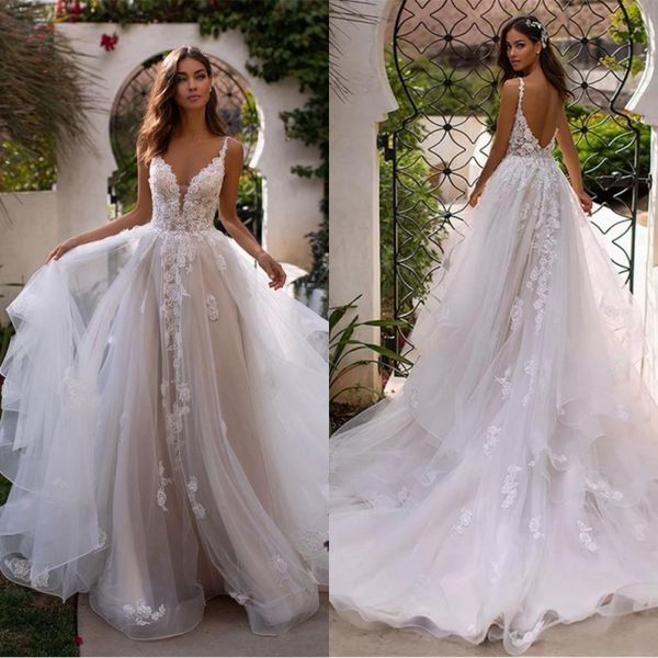 Elegant Spaghetti Straps Lace A Line Wedding Dresses 2020 Tulle
