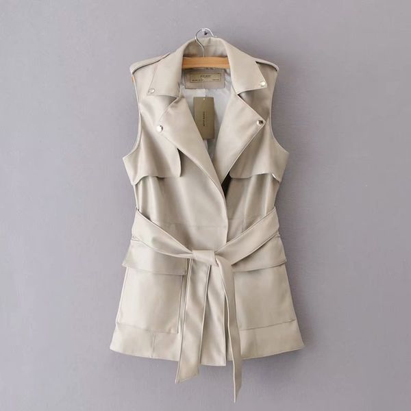 

adjustable waist for ladies slim black women long pu coats female faux leather outwear casual sleeveless clothes