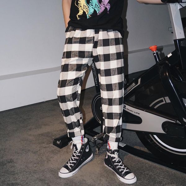 

male streetwear hip hop fashion loose plaid casual pants 2020 new men's long pants man hombre, Black