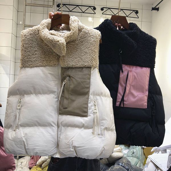 

2019 autumn winter cotton vest coat women new korean loose down parka vest lamb wool stitched waistcoat streetwear students, Black;white