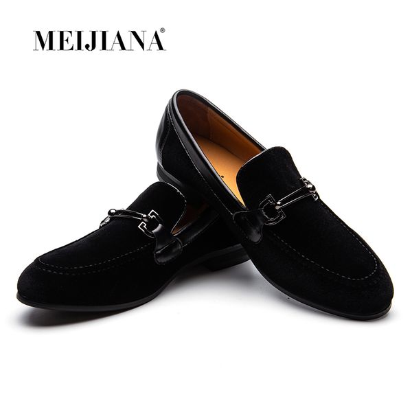 

meijiana men loafers black velvet with braiding flat slip on moccasins men's dress shoes genuine leather casual shoes