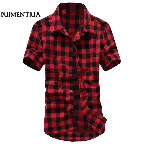 

puimentiua summer fashion turn-down collar short sleeve men shirt casual loose plaid shirt fit male camisa hombre, White;black