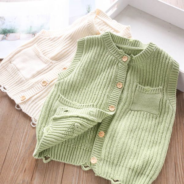 

2020 spring girls double pocket knitted vest childrenswear wholesale, Blue