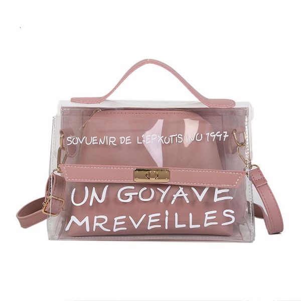

2019 summer fashion new handbag pvc transparent women bag sweet printed letter square phone bag chain shoulder