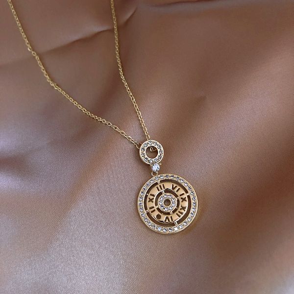 

ustar new crystals roman numeral necklaces for women round hollow pendant gold color chains necklace fashion jewelry collars, Silver