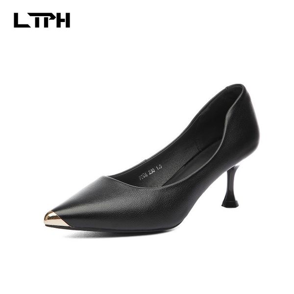 

2020 spring and autumn new layer cowhide high heels women's anti-collision toe french pointed leather shoes, Black