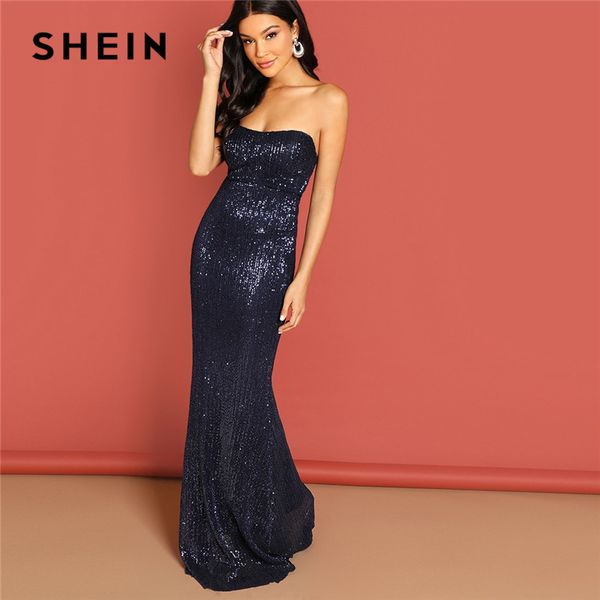 

shein navy elegant sequin mesh strapless bodycon evening gown high waist zipper back solid 2019 summer women party dresses, Black;pink