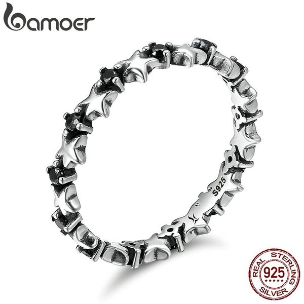 

bamoer authentic 925 sterling silver stackable ring star & heart black cz finger ring women sterling silver jewelry anel scr142