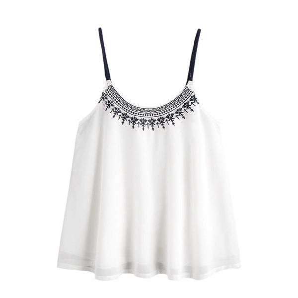 

2019 summer women sweet girls chiffon breathable embroidery princess cute sweet sleeveless ruffled sling streetwear top, White