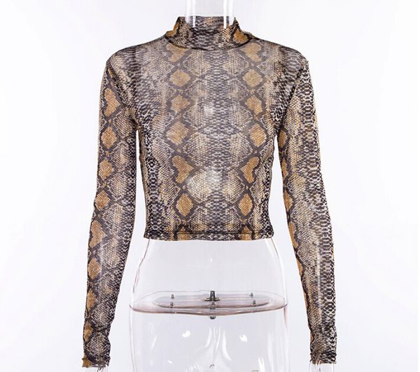 

women see-through snake skin shirts female long sleeve tee women clothing casual t shirt, White