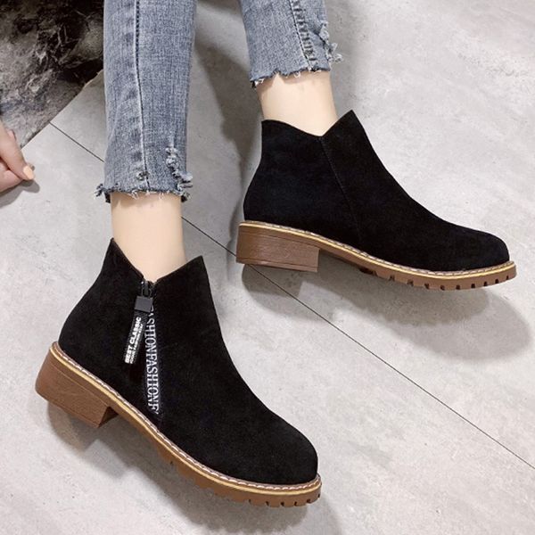 

suede square heel black ankle boots for women fashion zipper solid color short booties round toe single shoes woman ankle boots