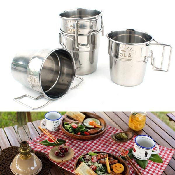 

4pcs/set travel climbing stainless steel multifunction foldable handle portable picnic outdoor camping cup barbecue drinkware