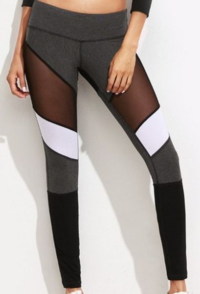 

women's leggings leisure net yarn yoga pants with high waist elastic stitching 9-minute pants, Black