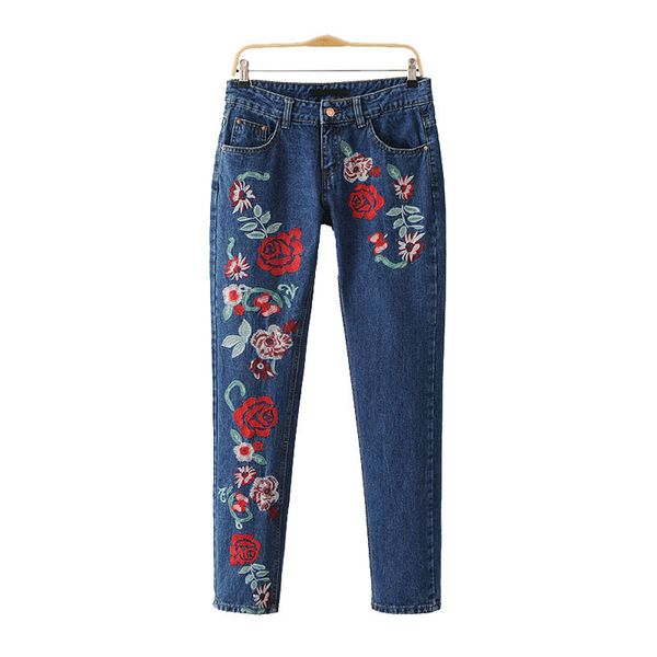 

nymph flower embroidery jeans female vintage jeans pockets pencil pants women bottom slim women denim trousers embroider, Blue