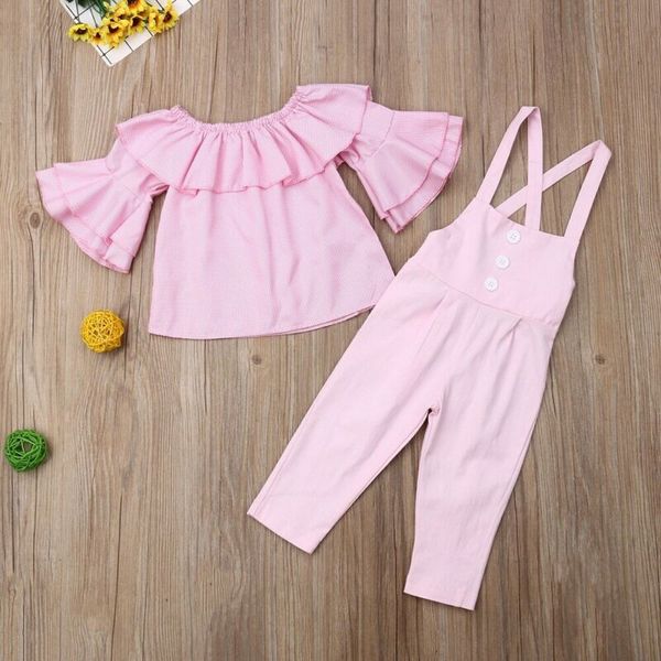 

1-6y toddler kid baby girl plaid clothes ruffle sleeve overalls summer outfit kids set, White