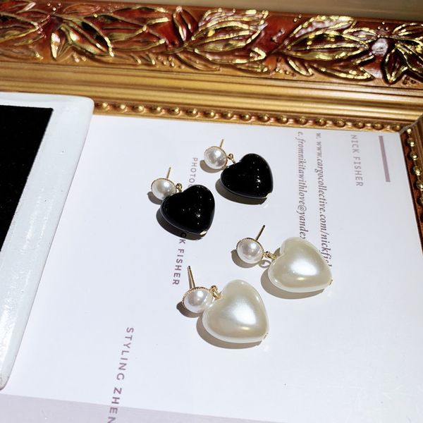 

wholesale- luxury designer cute lovely sweet heart pearl pendant dangle chandelier stud earrings for woman girls s925 silver pin, Golden;silver