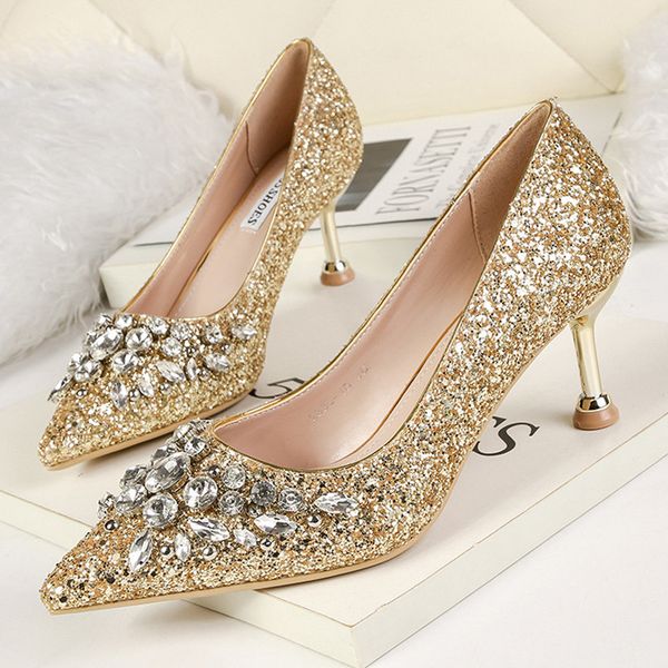 

2020 new kitten heels rhinestone women pumps sequins high heels women shoes gold silver wedding shoes female heels ing, Black