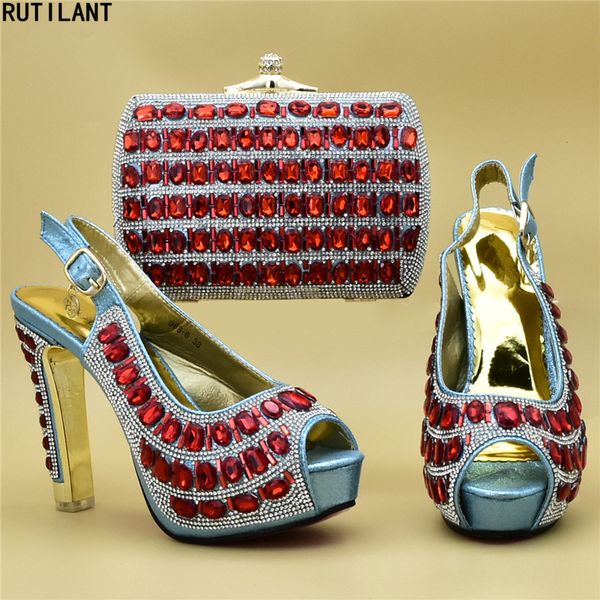 

new fashion african women shoes bags set 2019 party shoes and bag set decorated with rhinestone women and bag in italy, Black