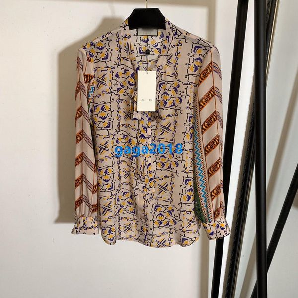 

high end женщины девушки шелковая рубашка пэчворк геометрический принт v-образным вырезом лук с длинным рукавом тройник винтаж блузка взлетн, White