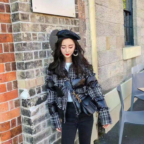 

winter 2019 new tweed patchwork short padded coat for women's down cotton winter coat s-xl fashionable women's wear, Black;brown