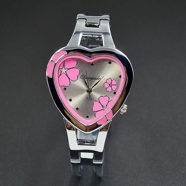 

fashion women girl chaoyada heart-shaped flowers style dial full stainless steel bracelet wrist watch 779, Slivery;brown