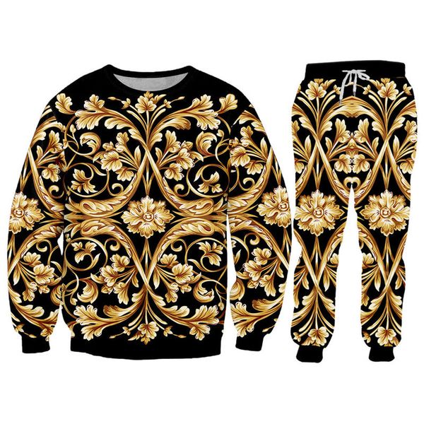 

novelty baroque hoodie sweatshirt + jogger pants 2 piece set 3d royal golden flower print pants sets, Gray