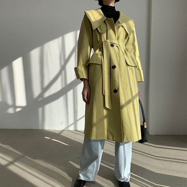 

daily girls wear mid-length loose oversized classic simple chic trench coat large turndown collar single-breasted woman's coat, Tan;black