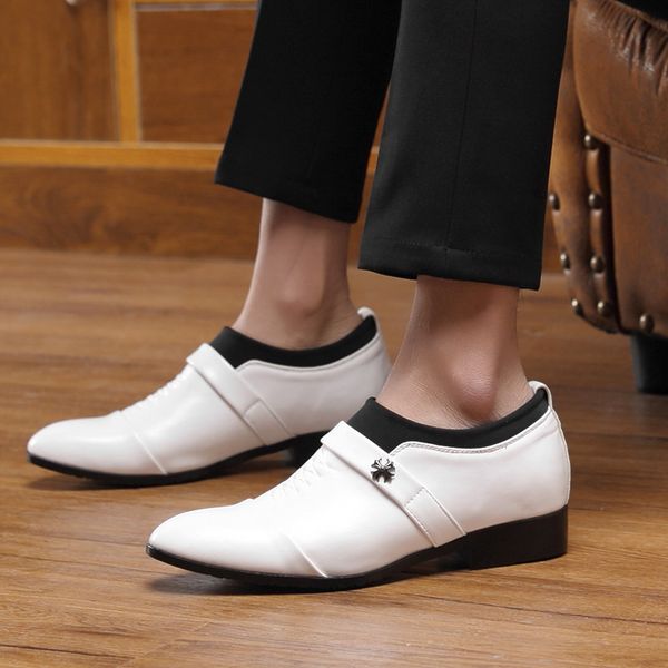 

men's business dress shoes leather pointed toe slip-on white black teenager party shoes 6cm inceased heel