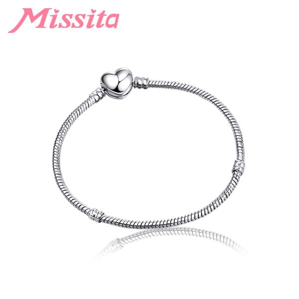 

missita women heart basic snake chain hidden clasp for charm bracelet beads diy jewelry making fashion brand accessories gift, Golden;silver