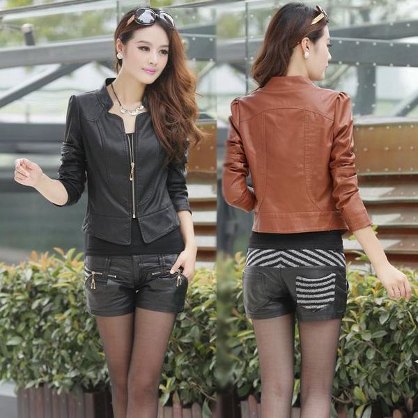 

new fashion women female korean short type long sleeve slim motor zipper leather jackets coats, Black