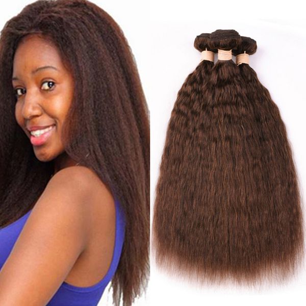 

#4 chocolate brown kinky straight malaysian human hair weave bundles 3pcs medium brown virgin hair weft extensions coarse yaki hair weaves, Black