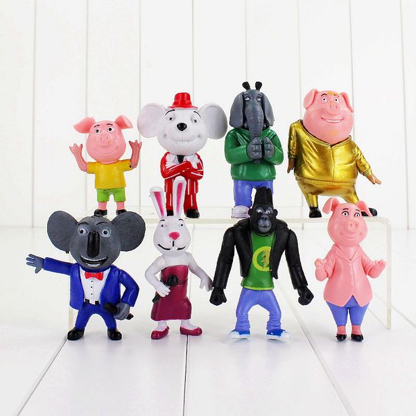 

8pcs/lot sing figure toy buster koala johnny rossi minna mike pig rabbit elephant mouse orangutan animal model doll for kids t200603