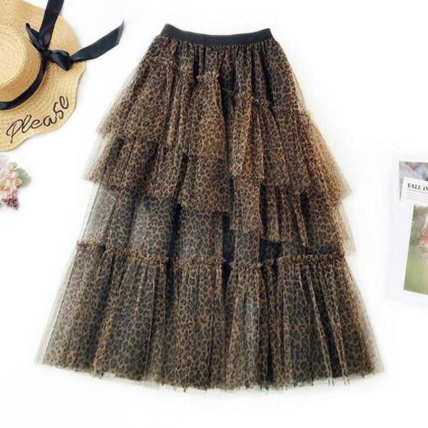 

2020 summer leopard floral embroidery tulle skirts high waist long skirt high waist pleated skirt female tutu skirts dv570, Black