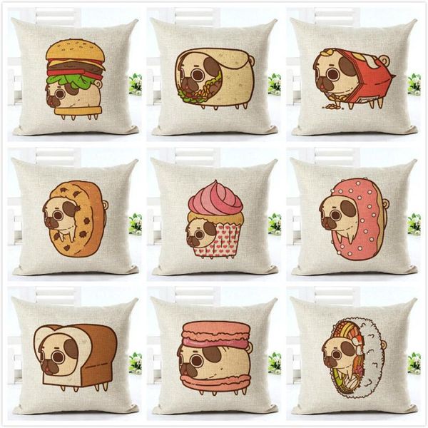 

cute cartoon dog printing cushion cover cotton linen cartoon pug dog pillow case sofa car decorative pillowcases cover almohada